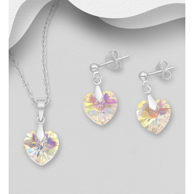 Swarovski Hearts (Aurore Boreale) - Set argint cercei si pandantiv