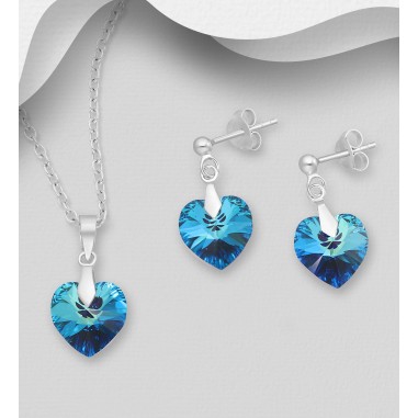 Swarovski Hearts (Bermuda Blue) - Set argint cercei si pandantiv