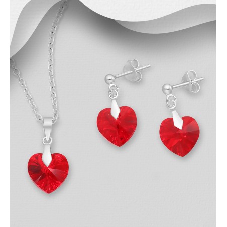 Swarovski Hearts (Light Siam) - Set argint cercei si pandantiv