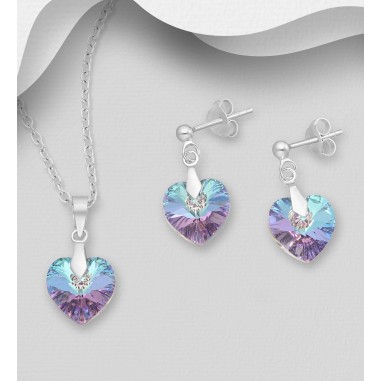 Swarovski Hearts (Vitrail Light) - Set argint cercei si pandantiv