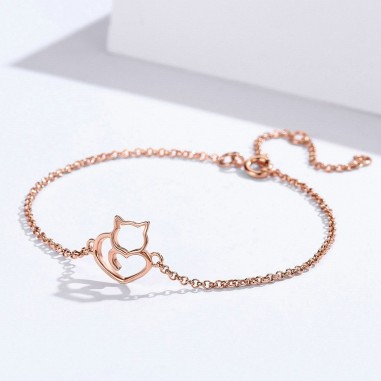 Cat and Heart - Bratara argint rose gold