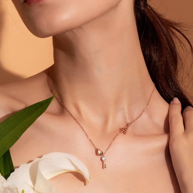 Heart & Key - Colier argint rose gold