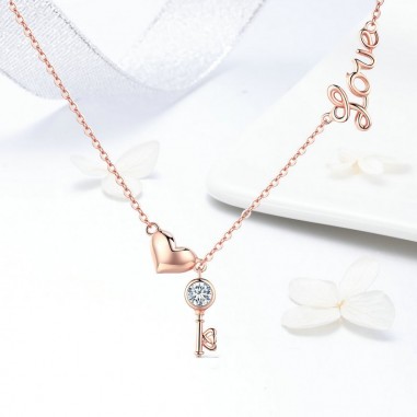 Heart & Key - Colier argint rose gold