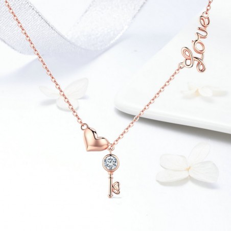 Heart & Key - Colier argint rose gold