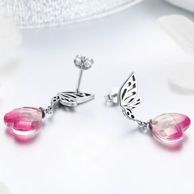 Pink Crystal Heart - Cercei argint